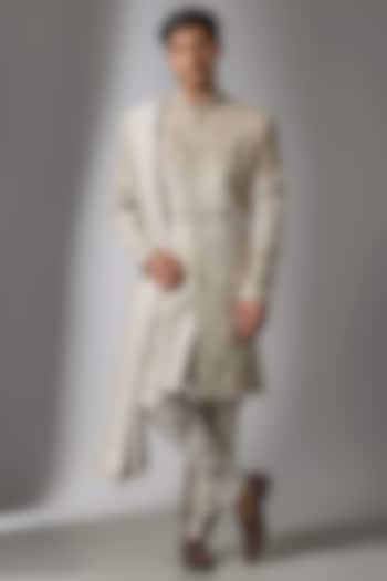 Ash Grey Mulberry Silk Resham Embroidered Wedding Sherwani Set by PARV DESIGN STUDIO at Pernia's Pop Up Shop