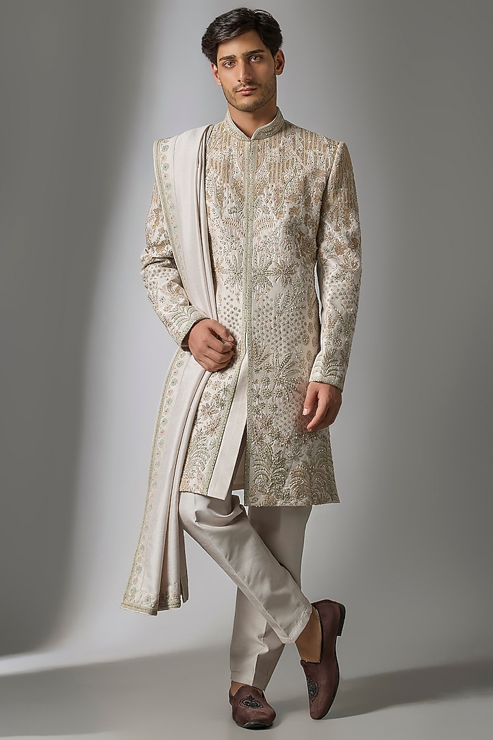 Ash Grey Mulberry Silk Resham Embroidered Wedding Sherwani Set by PARV DESIGN STUDIO at Pernia's Pop Up Shop