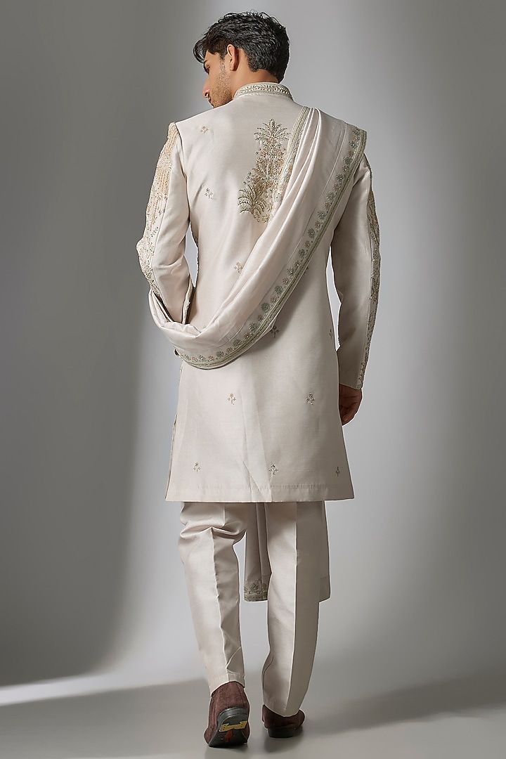 Ash Grey Mulberry Silk Resham Embroidered Wedding Sherwani Set by PARV DESIGN STUDIO at Pernia's Pop Up Shop