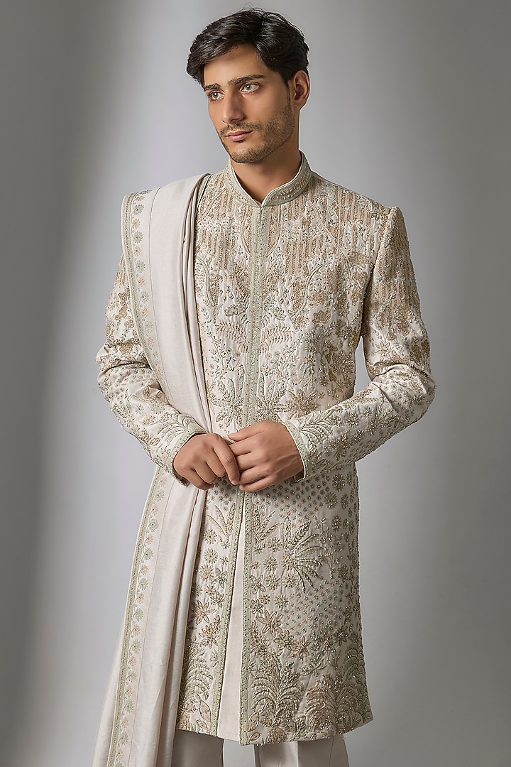 Ash Grey Mulberry Silk Resham Embroidered Wedding Sherwani Set by PARV DESIGN STUDIO at Pernia's Pop Up Shop