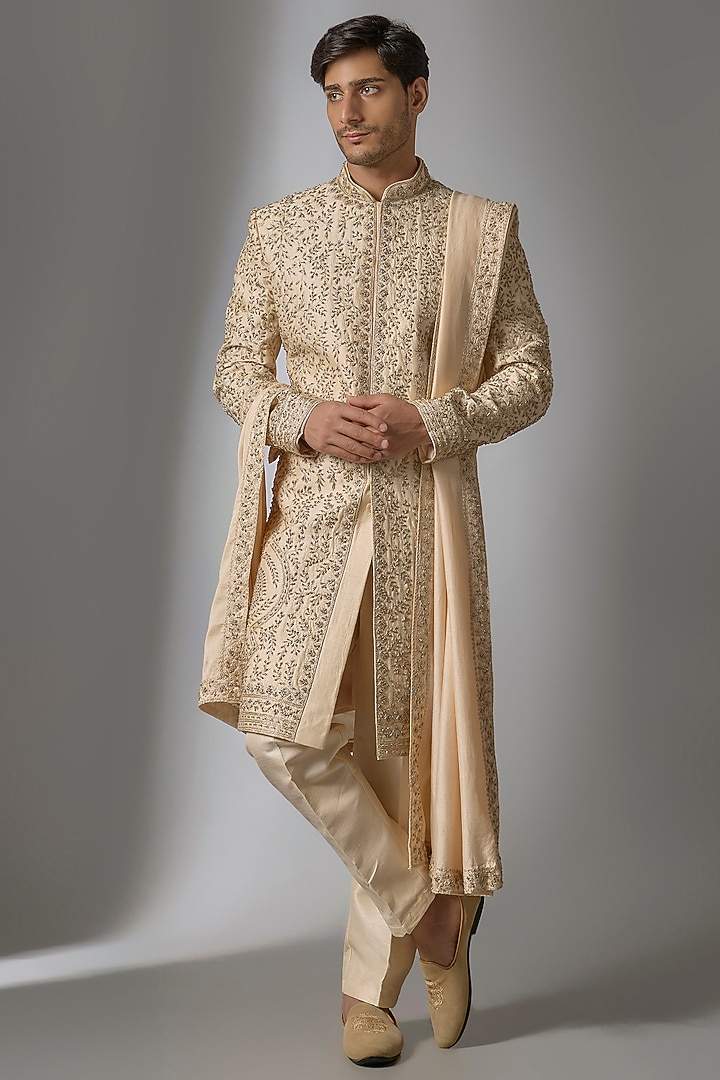Rustic Peach Chanderi Silk Zardosi Embroidered Sherwani Set by PARV DESIGN STUDIO