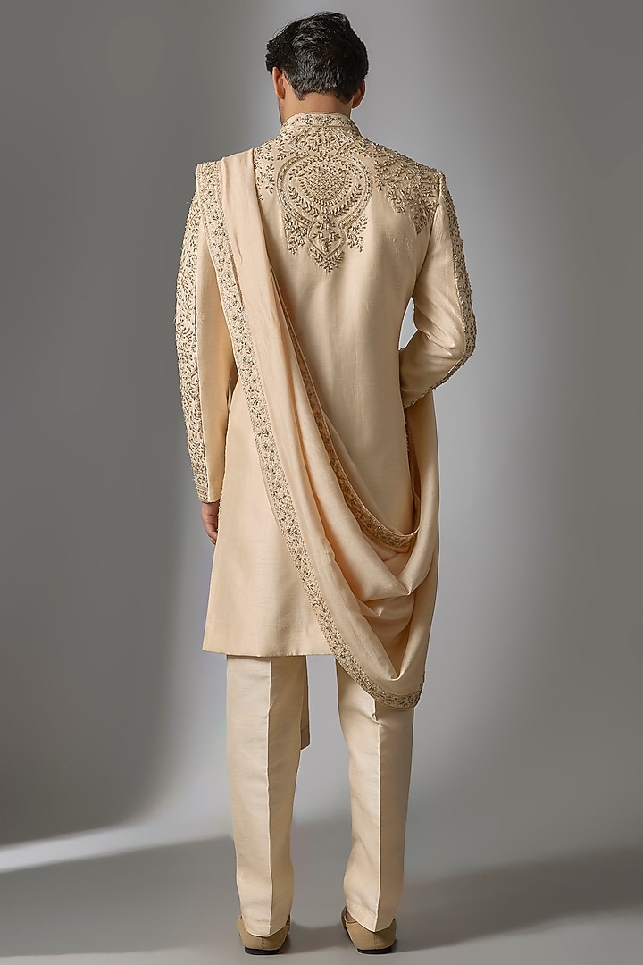 Rustic Peach Chanderi Silk Zardosi Embroidered Groom Sherwani Set by PARV DESIGN STUDIO at Pernia's Pop Up Shop