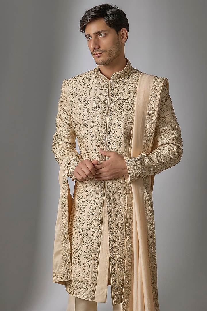 Rustic Peach Chanderi Silk Zardosi Embroidered Groom Sherwani Set by PARV DESIGN STUDIO at Pernia's Pop Up Shop