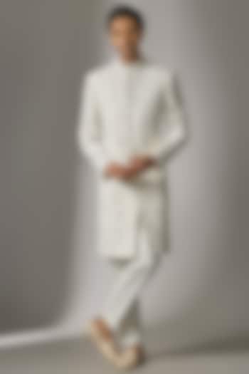 White Chanderi Silk Cutdana Embroidered Wedding Sherwani Set by PARV DESIGN STUDIO at Pernia's Pop Up Shop