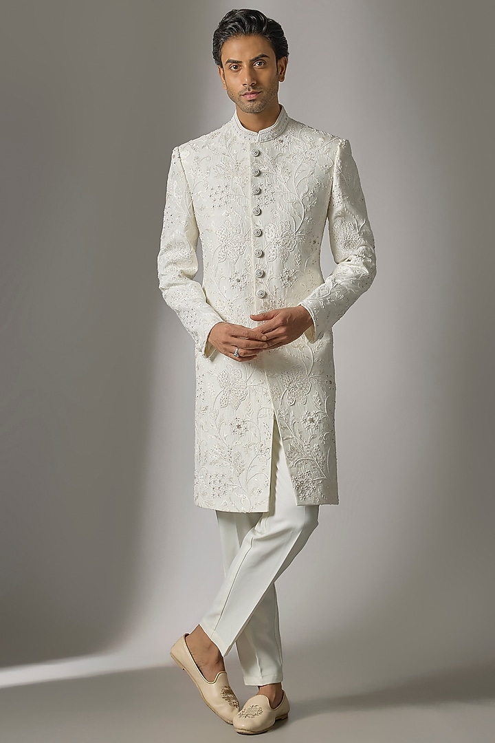 White Chanderi Silk Cutdana Embroidered Wedding Sherwani Set by PARV DESIGN STUDIO at Pernia's Pop Up Shop