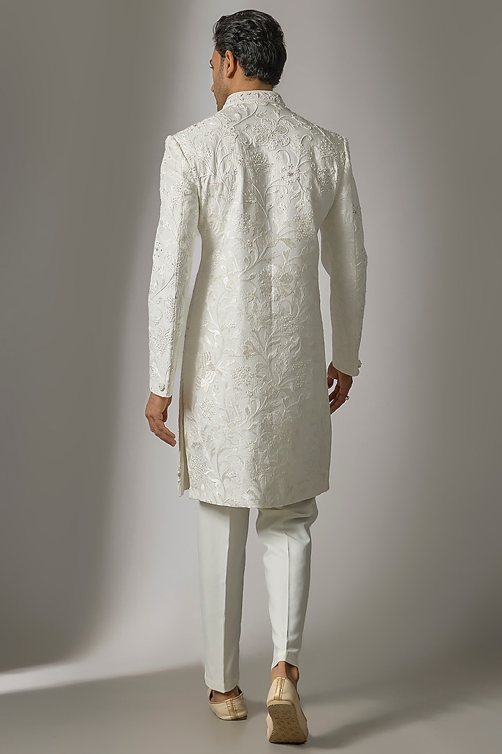 White Chanderi Silk Cutdana Embroidered Wedding Sherwani Set by PARV DESIGN STUDIO at Pernia's Pop Up Shop
