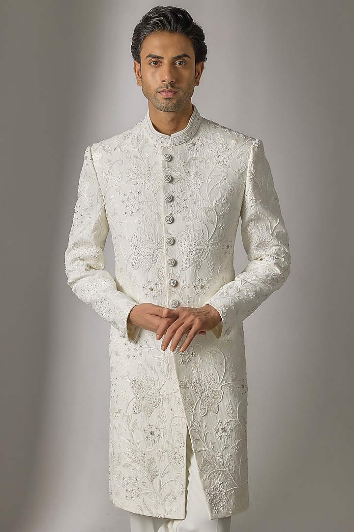 White Chanderi Silk Cutdana Embroidered Wedding Sherwani Set by PARV DESIGN STUDIO at Pernia's Pop Up Shop