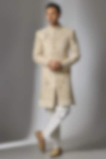 Gold Chanderi Silk Cutdana Embroidered Sherwani Set by PARV DESIGN STUDIO