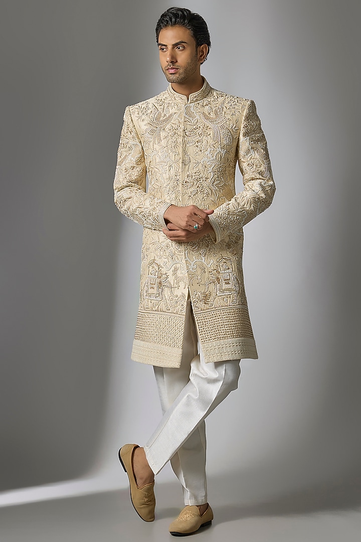 Gold Chanderi Silk Cutdana Embroidered Sherwani Set by PARV DESIGN STUDIO
