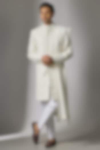 White Chanderi Silk Cutdana Embroidered Sherwani Set by PARV DESIGN STUDIO