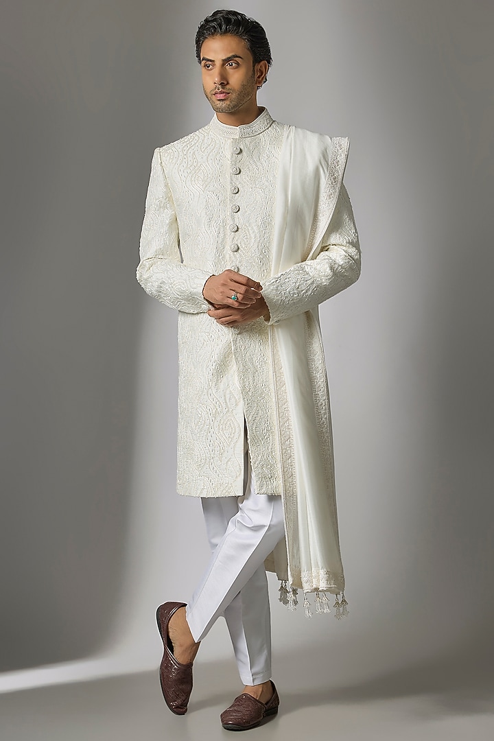 White Chanderi Silk Cutdana Embroidered Sherwani Set by PARV DESIGN STUDIO