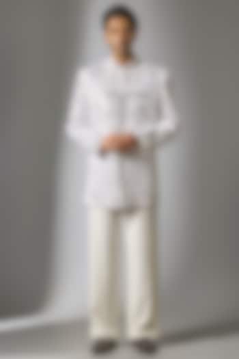 White Japanese Suiting Fabric Mirror Embellished Bandhgala Set by PARV DESIGN STUDIO