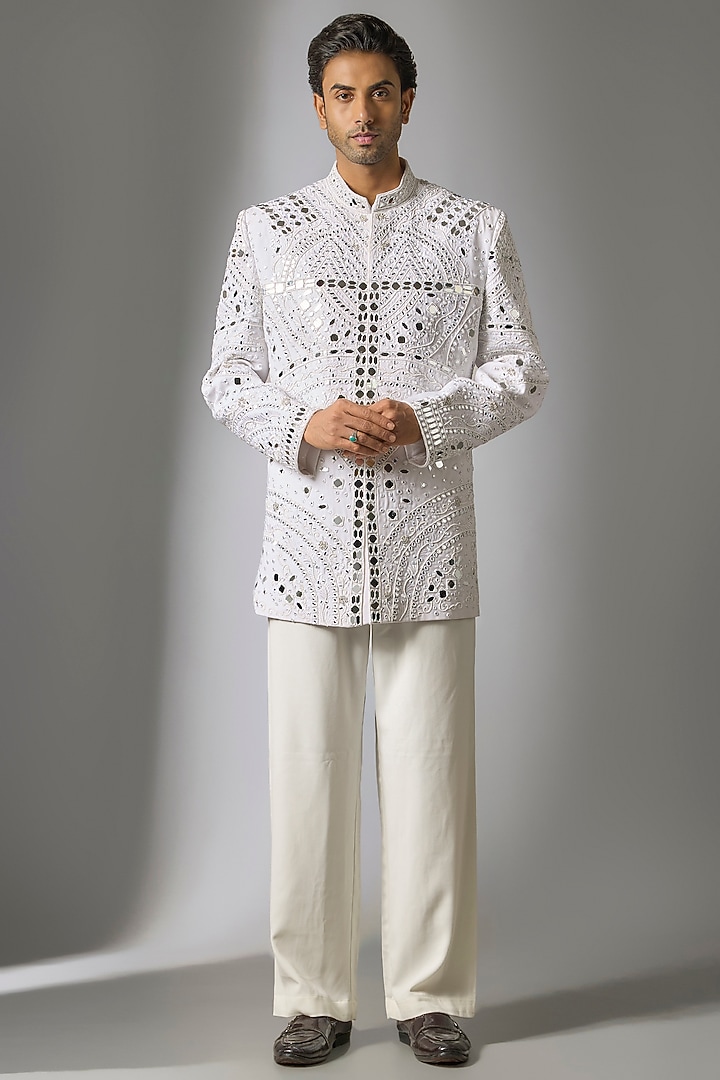 White Japanese Suiting Fabric Mirror Embellished Bandhgala Set by PARV DESIGN STUDIO
