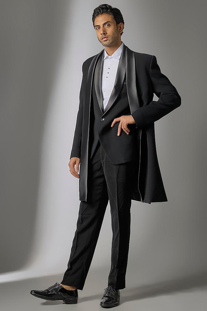 Jet Black Japanese Suiting Fabric Indowestern Set by PARV DESIGN STUDIO