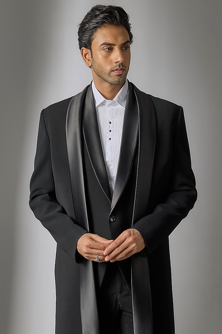 Jet Black Japanese Suiting Fabric Wedding Indowestern Set by PARV DESIGN STUDIO at Pernia's Pop Up Shop