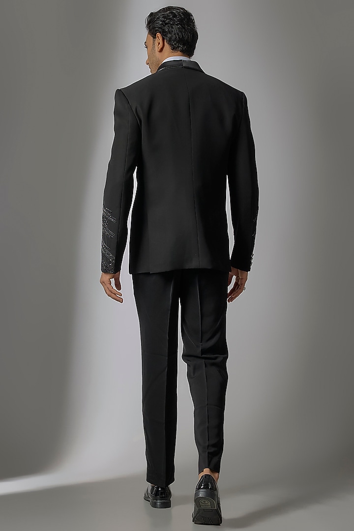 Jet Black Japanese Suiting Fabric Cutdana Embroidered Tuxedo Set by PARV DESIGN STUDIO at Pernia's Pop Up Shop