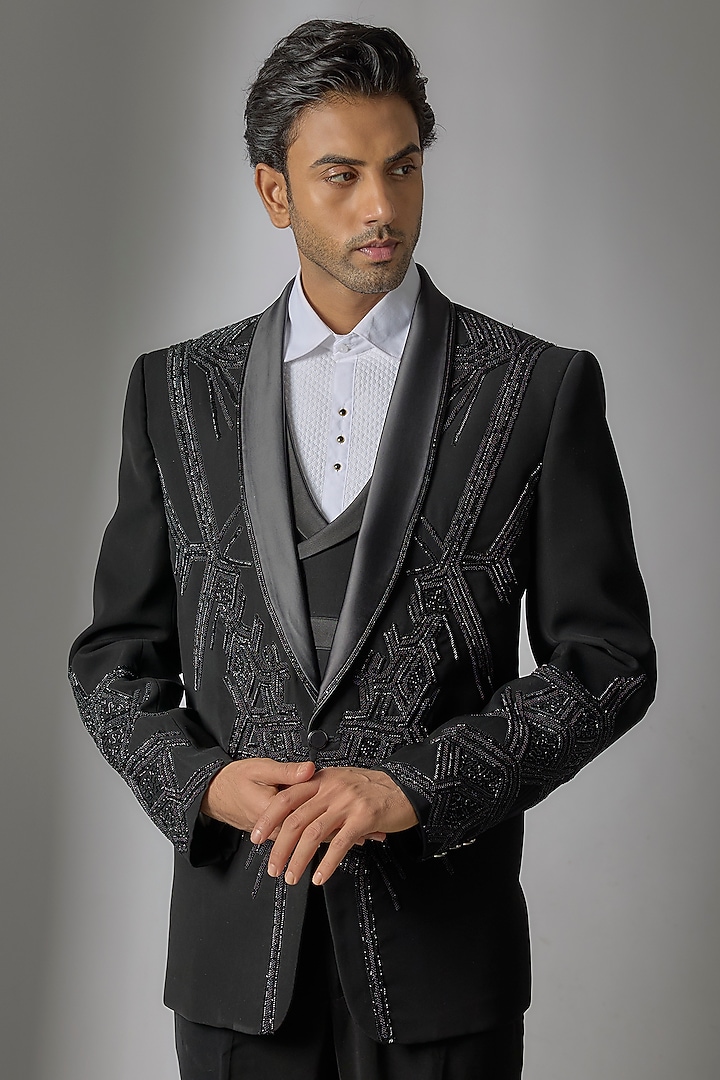 Jet Black Japanese Suiting Fabric Cutdana Embroidered Tuxedo Set by PARV DESIGN STUDIO at Pernia's Pop Up Shop