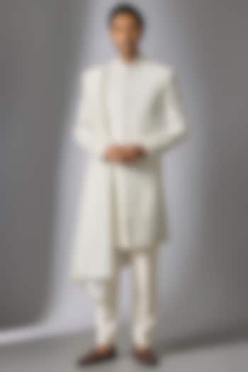 White Chanderi Silk Cutdana Embroidered Sherwani Set by PARV DESIGN STUDIO