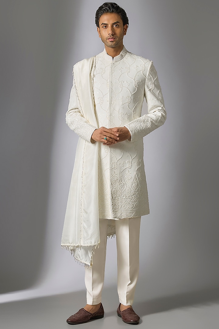 White Chanderi Silk Cutdana Embroidered Sherwani Set by PARV DESIGN STUDIO