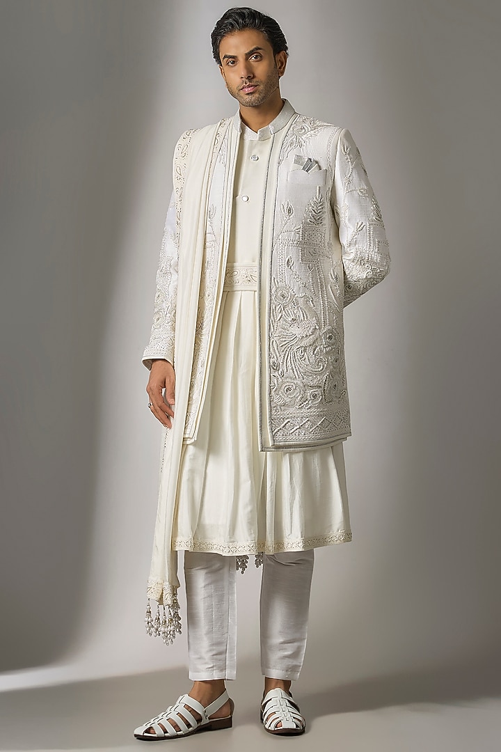 White Raw Silk Cutdana Embroidered Sherwani Set by PARV DESIGN STUDIO