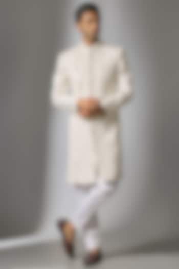 White Chanderi Silk Cutdana Embroidered Sherwani Set by PARV DESIGN STUDIO