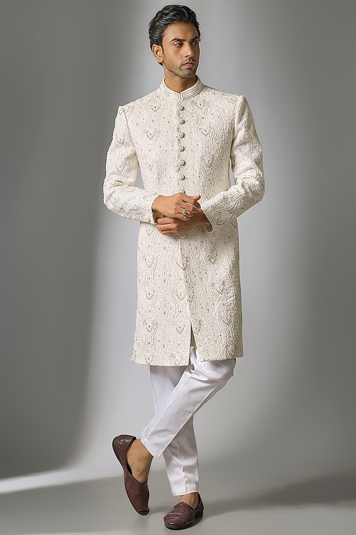 White Chanderi Silk Cutdana Embroidered Sherwani Set by PARV DESIGN STUDIO