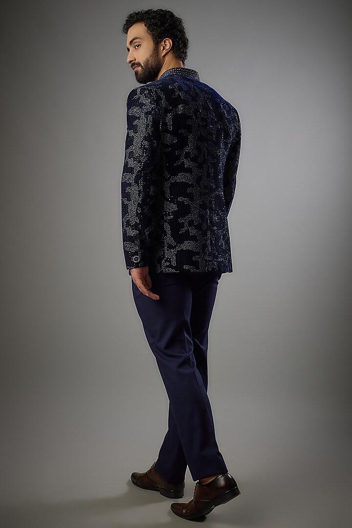 Navy Blue Velvet Embroidered Jodhpuri Set by PARV DESIGN STUDIO at Pernia's Pop Up Shop
