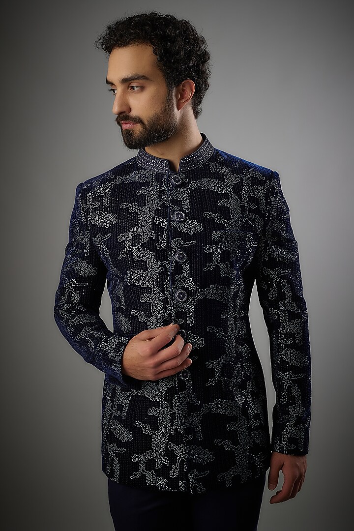 Navy Blue Velvet Embroidered Jodhpuri Set by PARV DESIGN STUDIO at Pernia's Pop Up Shop