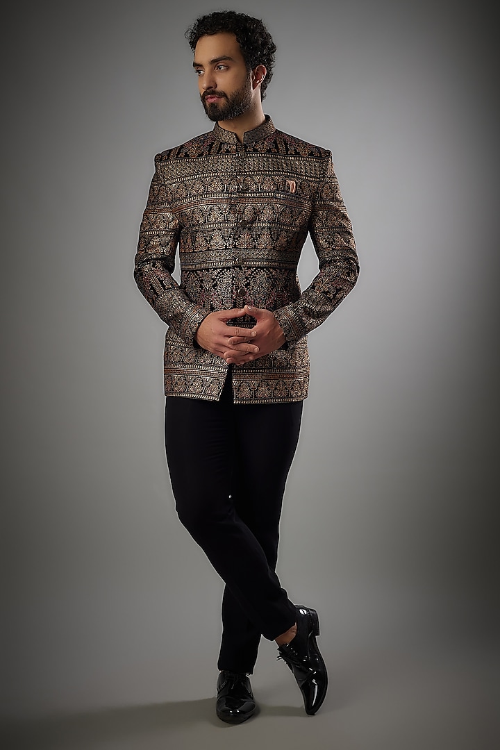 Black Velvet Embroidered Jodhpuri Set by PARV DESIGN STUDIO