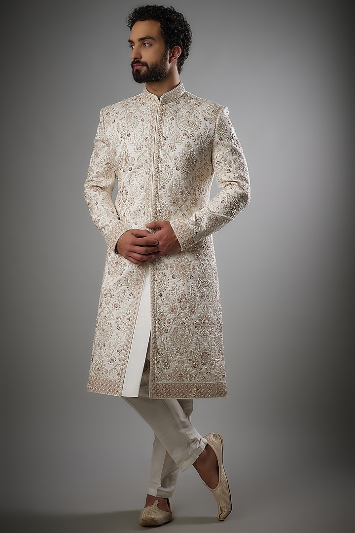 White Mulberry Silk Printed & Embroidered Sherwani Set by PARV DESIGN STUDIO