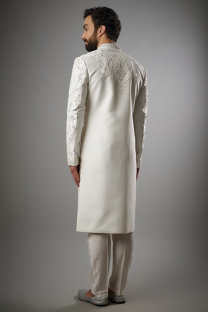 White Mulberry Slub Silk Embroidered Groom Sherwani Set by PARV DESIGN STUDIO at Pernia's Pop Up Shop