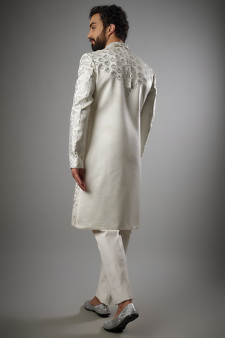 Ivory Matte Satin Patch Work Groom Sherwani Set by PARV DESIGN STUDIO at Pernia's Pop Up Shop