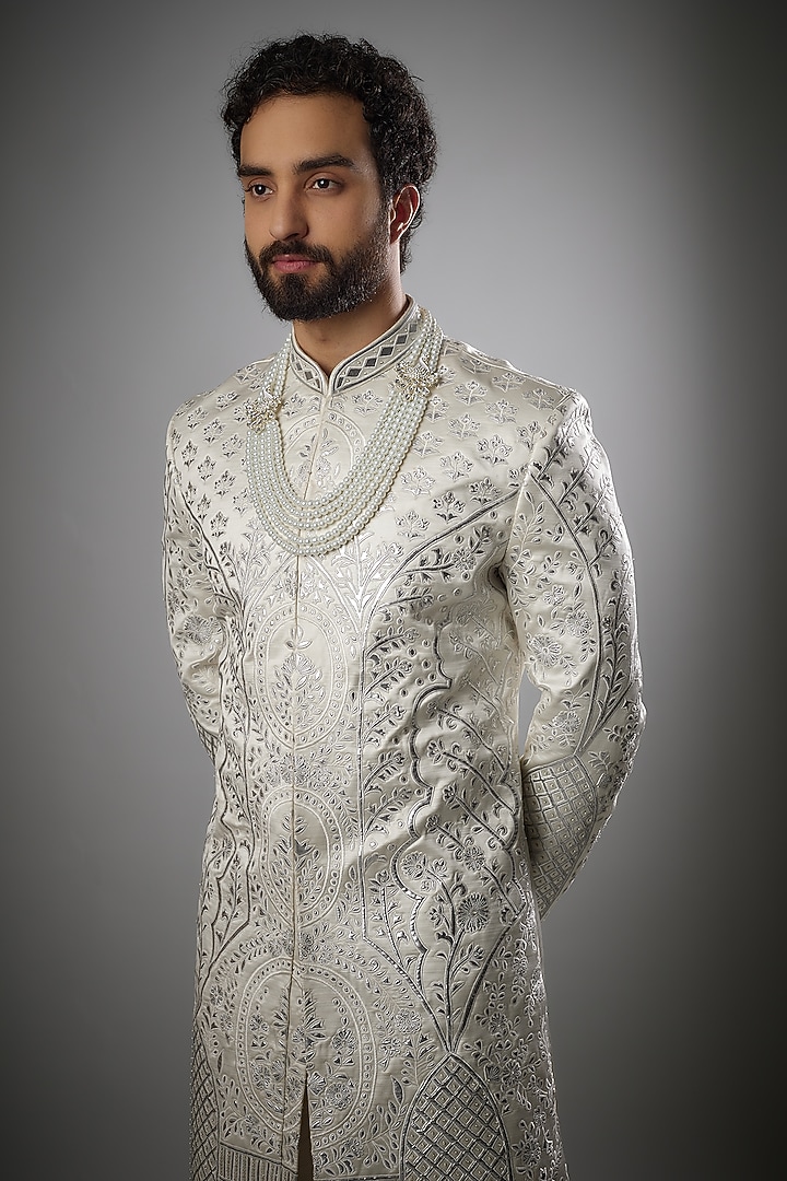Ivory Matte Satin Patch Work Groom Sherwani Set by PARV DESIGN STUDIO at Pernia's Pop Up Shop