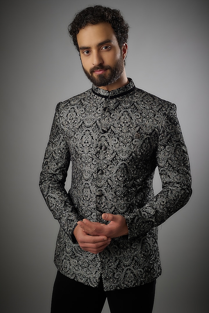 Black Lucknowi Velvet Embroidered Jodhpuri Set by PARV DESIGN STUDIO at Pernia's Pop Up Shop