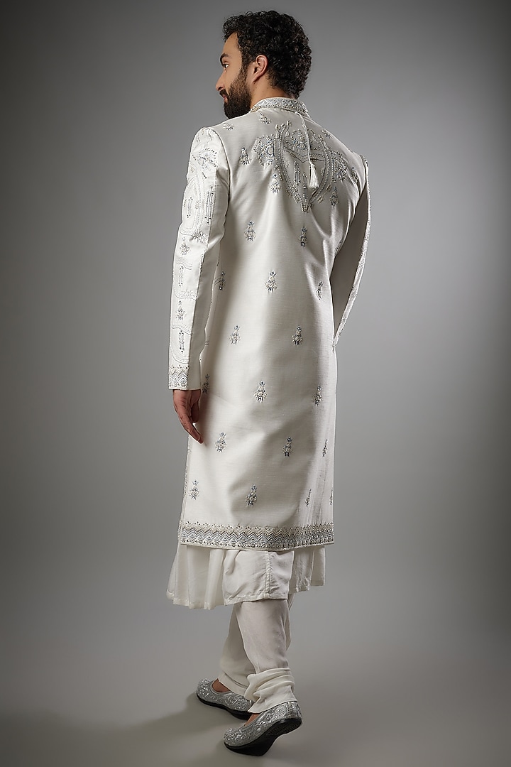 Off-White Mulberry Silk Embroidered Wedding Sherwani Set by PARV DESIGN STUDIO at Pernia's Pop Up Shop