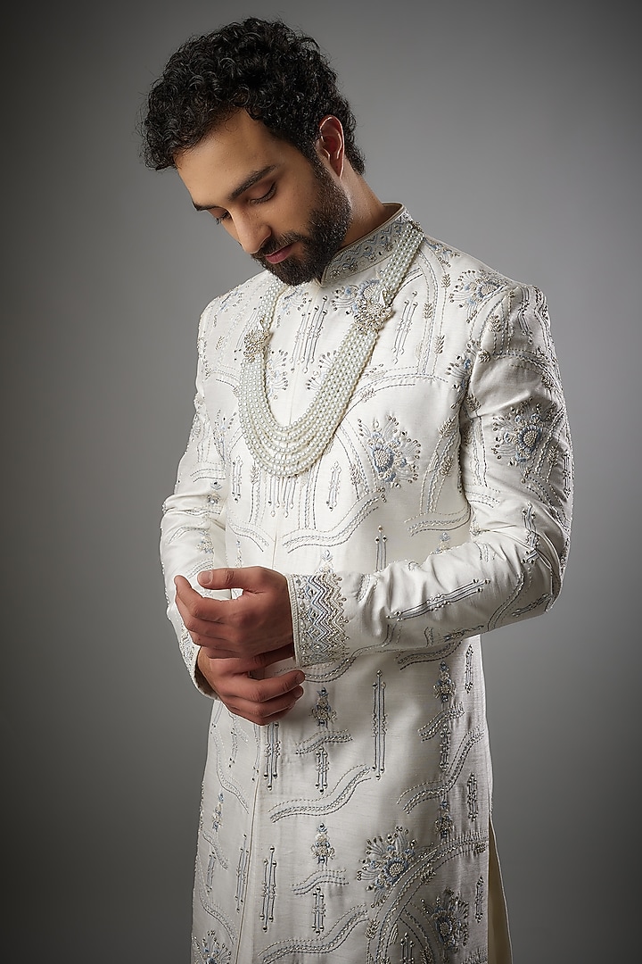 Off-White Mulberry Silk Embroidered Wedding Sherwani Set by PARV DESIGN STUDIO at Pernia's Pop Up Shop