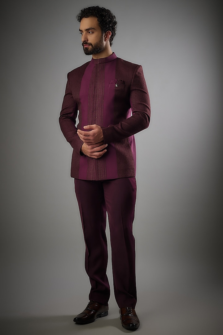 Burgundy Knit & Polyester Jodhpuri Set by PARV DESIGN STUDIO