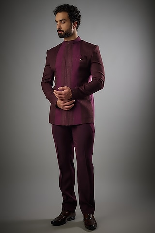 Burgundy Knit & Polyester Jodhpuri Set by PARV DESIGN STUDIO