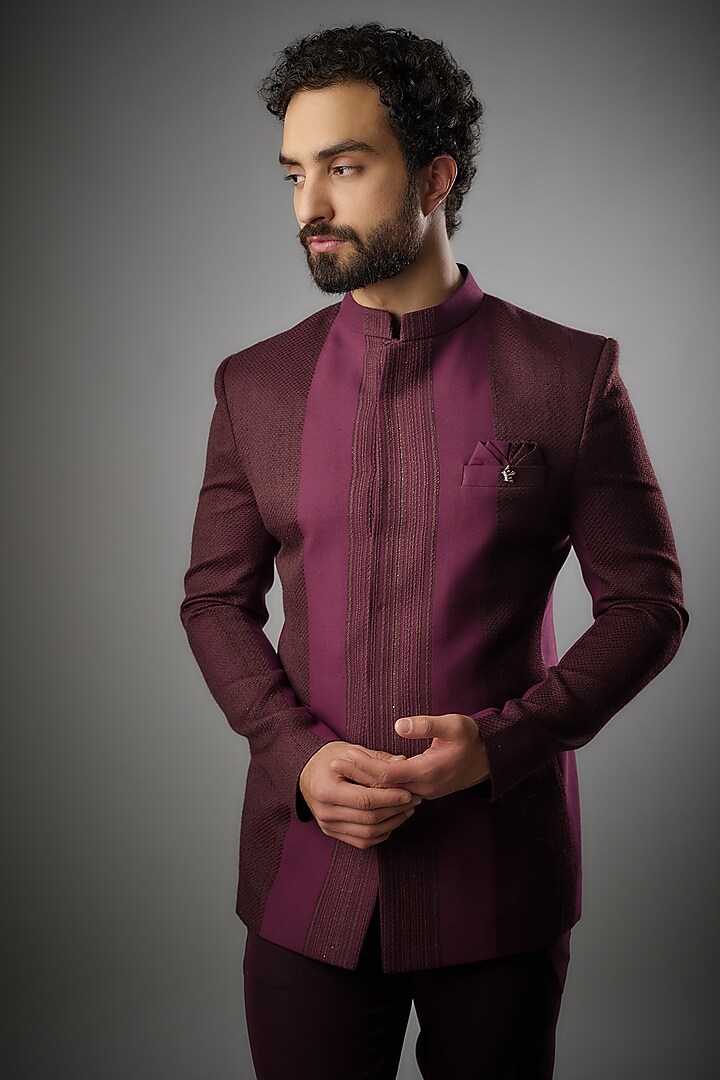 Burgundy Knit & Polyester Jodhpuri Set by PARV DESIGN STUDIO at Pernia's Pop Up Shop