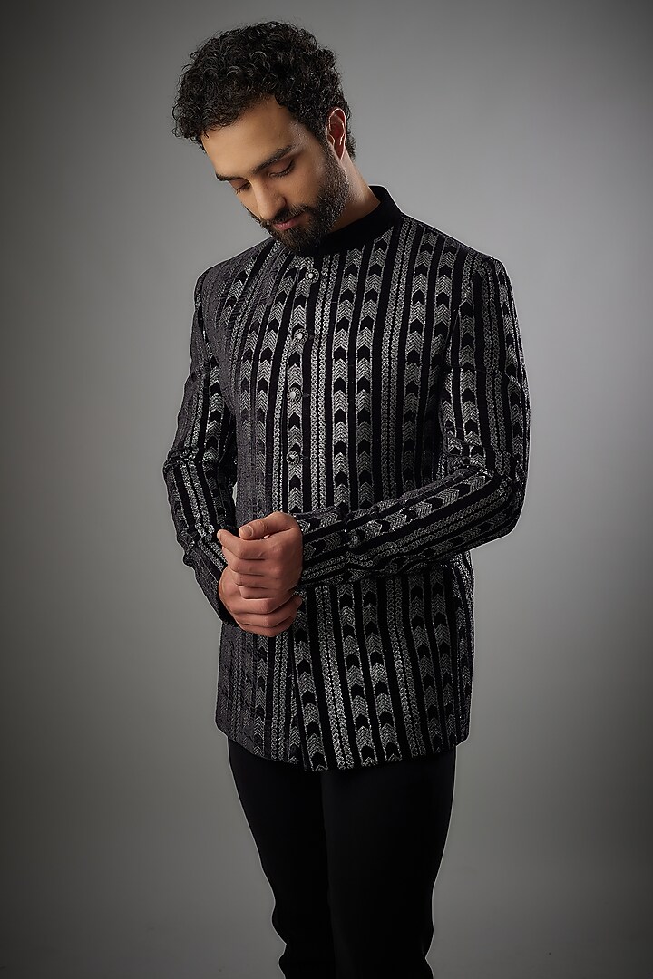 Jet Black Zari Velvet Embroidered Jodhpuri Set by PARV DESIGN STUDIO at Pernia's Pop Up Shop