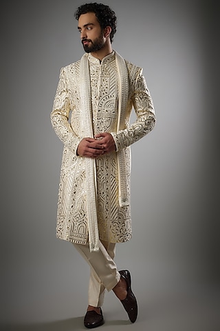 Lemon Gold Chanderi Silk Embellished Sherwani Set by PARV DESIGN STUDIO