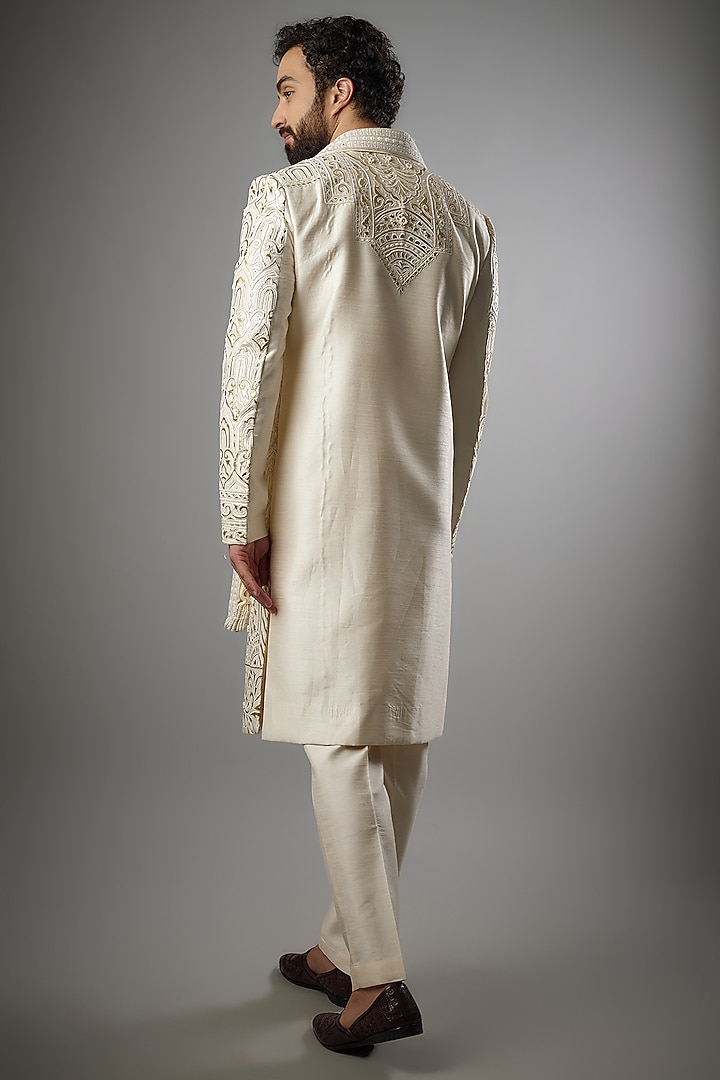 Lemon Gold Chanderi Silk Embellished Groom Sherwani Set by PARV DESIGN STUDIO at Pernia's Pop Up Shop