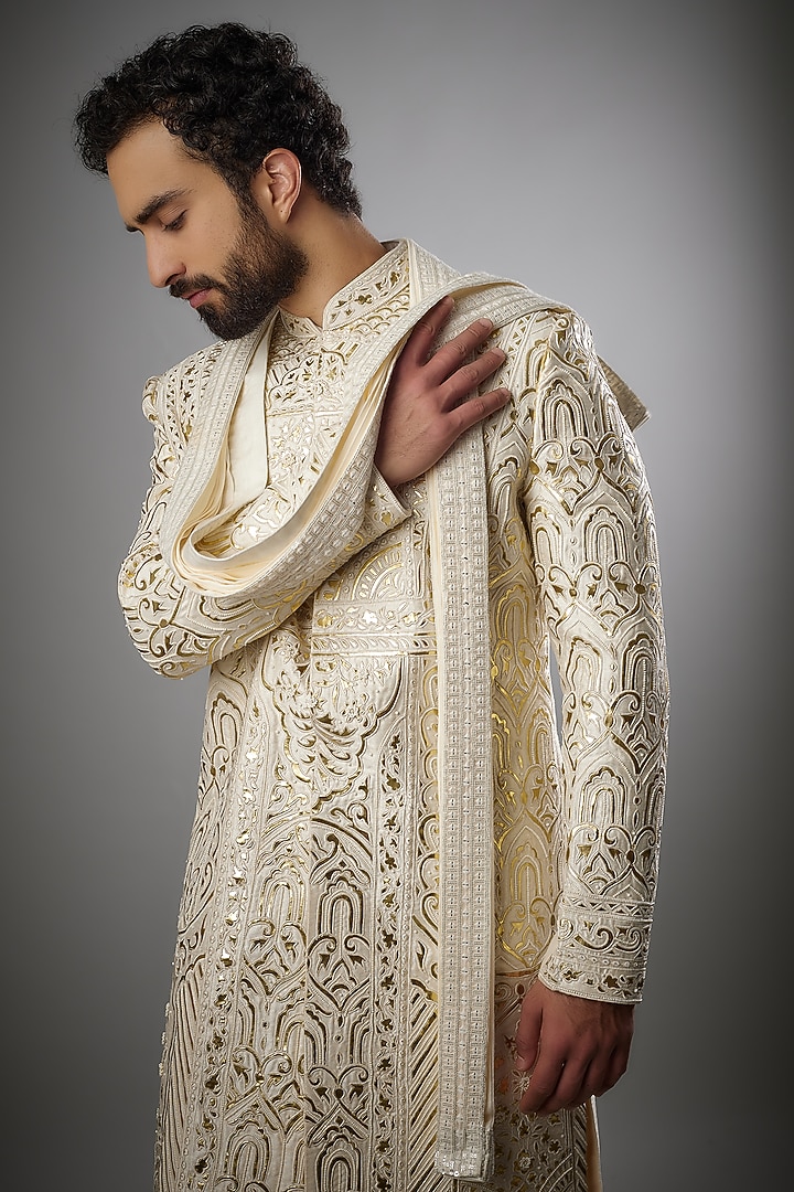 Lemon Gold Chanderi Silk Embellished Groom Sherwani Set by PARV DESIGN STUDIO at Pernia's Pop Up Shop
