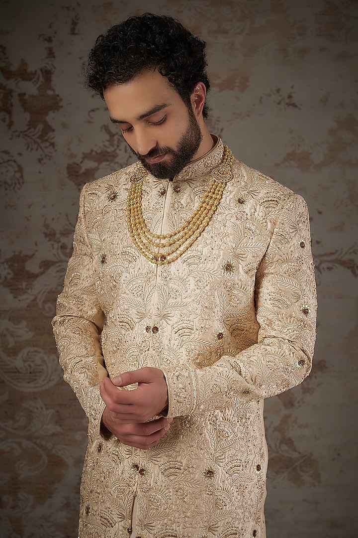 Gold & Peach Chanderi Slub Silk Embroidered Groom Sherwani Set by PARV DESIGN STUDIO at Pernia's Pop Up Shop