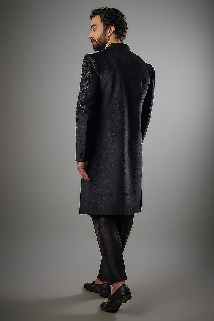 Black Knitted Velvet Embroidered Wedding Indowestern Ser by PARV DESIGN STUDIO at Pernia's Pop Up Shop
