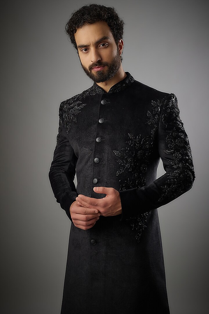 Black Knitted Velvet Embroidered Wedding Indowestern Ser by PARV DESIGN STUDIO at Pernia's Pop Up Shop