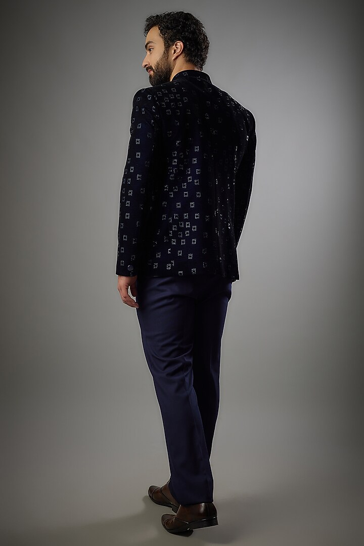 Navy Blue Velvet Jodhpuri Set by PARV DESIGN STUDIO at Pernia's Pop Up Shop