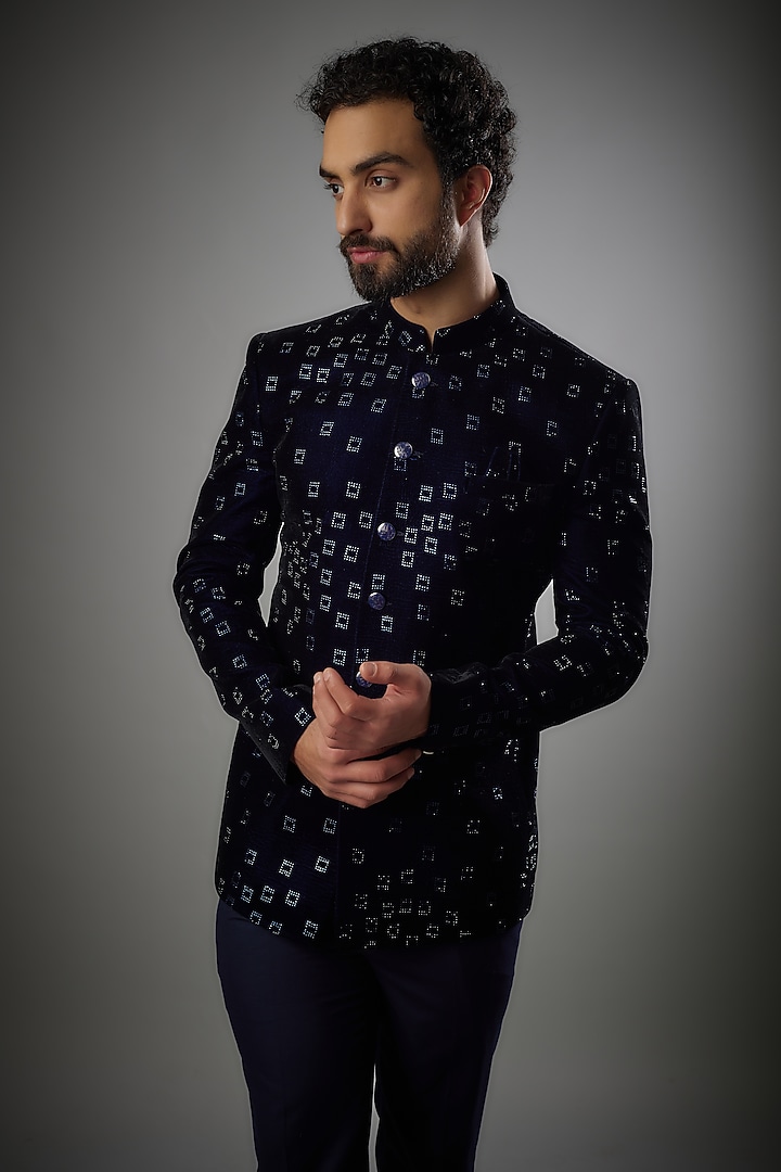 Navy Blue Velvet Jodhpuri Set by PARV DESIGN STUDIO at Pernia's Pop Up Shop