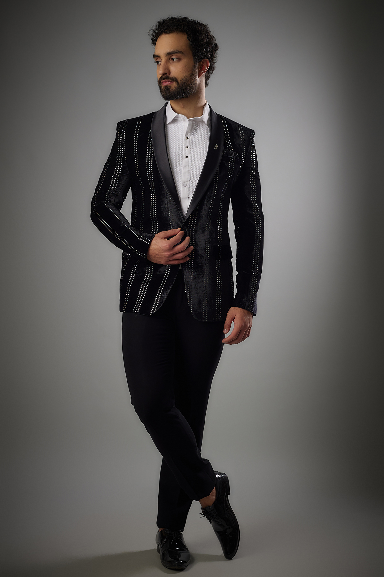 Jet Black Velvet Embroidered Tuxedo Set by PARV DESIGN STUDIO at Pernia's Pop Up Shop