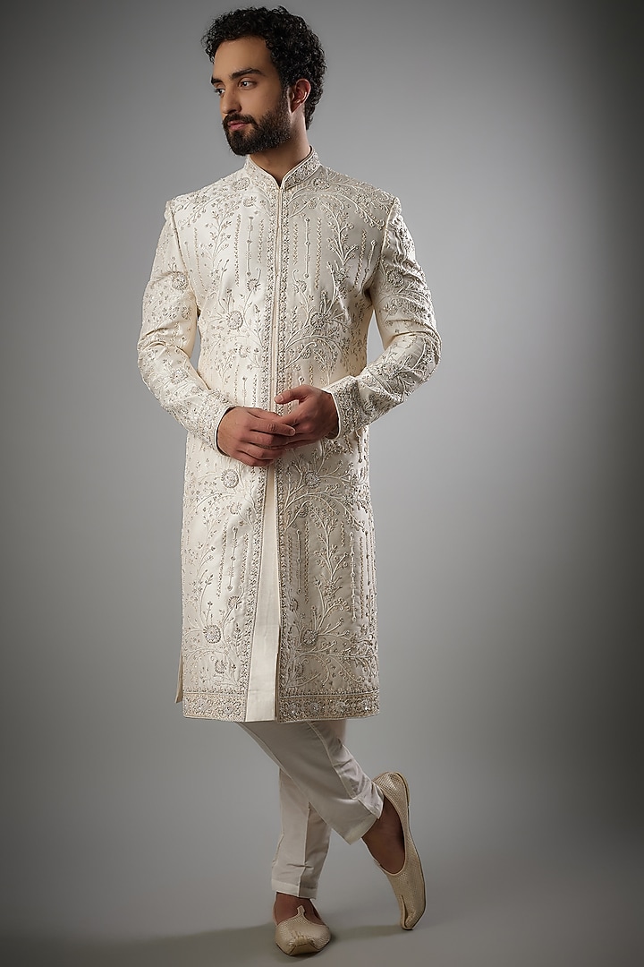Pearl White Mulberry Slub Silk Embroidered Groom Sherwani Set by PARV DESIGN STUDIO at Pernia's Pop Up Shop